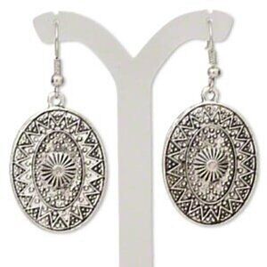 Antique Silver Plated Carved Oval Tribal Designs Dangle Earrings